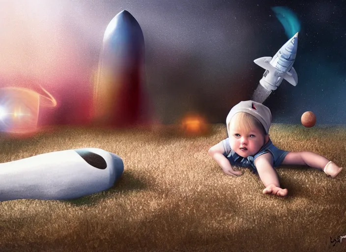 Image similar to toddler elon musk lying on a shaggy rug playing with his space rockets, realistic, beautiful soft lighting, istvan sandorfi