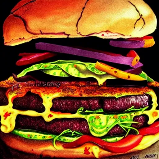 Image similar to zombie burger, by allori alessandro, oil paint, colorful, soft lighting, insanely detailed and intricate, hypermaximalist, elegant, ornate, hyper realistic, super detailed