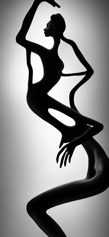 Image similar to film still, perfect female body silhouette, liquid sculpture, astral clockwork, abstract shapes, photorealism, beautiful portrait, white and black latex mixture, black ink, body acts photography, abstract art, concept art, matte painting, bokeh lights, one point light, elegant, weta fx, weta digital, artstation