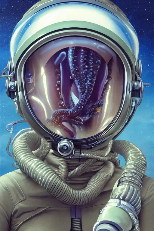 Image similar to extremely detailed studio portrait of female space astronaut, alien tentacle protruding from eyes and mouth, slimy tentacle breaking through helmet visor, shattered visor, full body, soft light, plain studio background, disturbing, shocking realization, deviantart, award winning painting by hajime sorayama