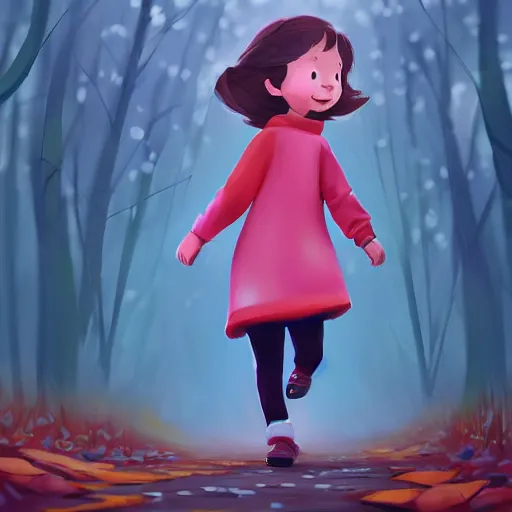 Prompt: samantha mash ilustration a beautiful little girl smiling, walking calmly through an autumn forest, style by goro fujita, character art, sharp focus, highly detailed, artstation