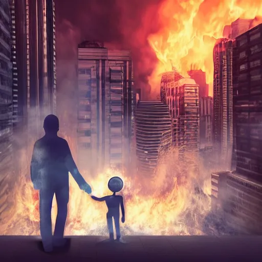 Prompt: metallic android carrying a sleeping child, emerging from fire and smoke, background of futuristic cityscape, buildings on fire, no blur, very detailed, realistic photo, nighttime