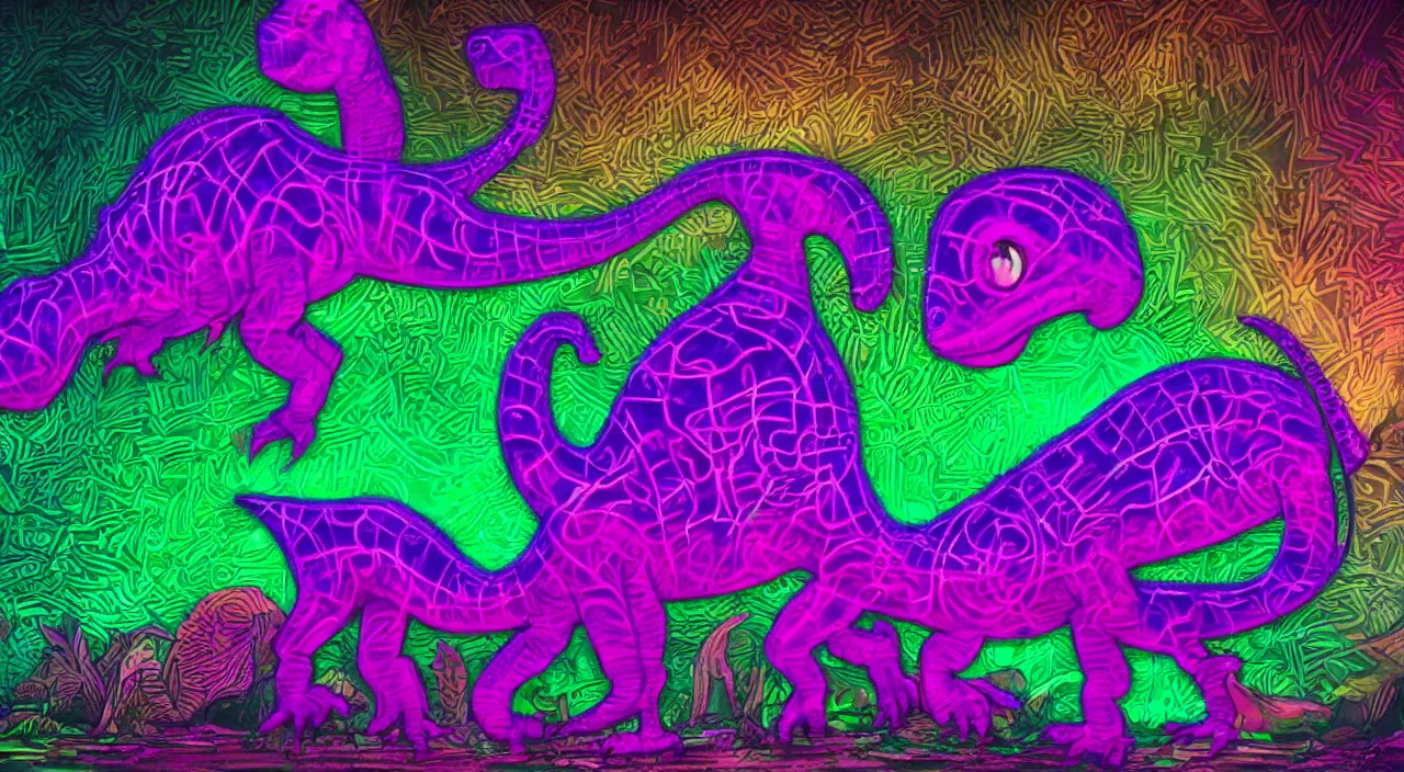 Prompt: spectral purple neon dinosaur, spectral neon pink dinosaur, spectral yellow neon dinosaur, green jungle background, detailed, ultrawide landscape