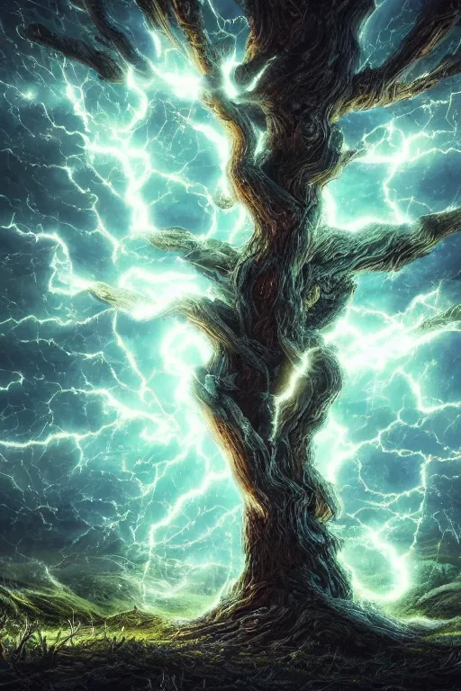 Image similar to a tree with lightning leaves, overexposure, electricity, night, unreal engine, digital art, 8 k, oil painting, fantasy art, illustration, detailed and intricate environment