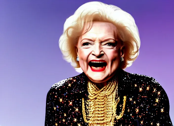 Image similar to publicity photo still of betty white as a gangsta rapper covered in gold chains, with grills in teeth and wearing a jumpsuit live on stage, 8 k, live concert lighting, mid shot