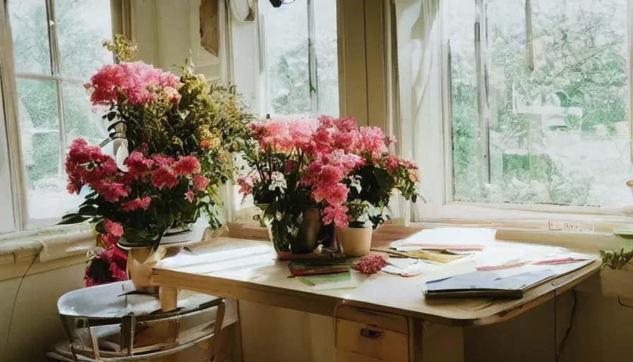 Image similar to 1 9 9 0 s candid 3 5 mm photo of a beautiful day in the a dreamy flowery cottage, cinematic lighting, cinematic look, golden hour, a desk for flower arrangements has sun shinning on it through a window, uhd