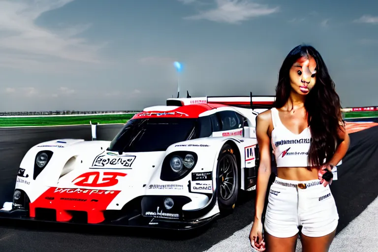 Prompt: a highly detailed, beautiful photo of a madison beer standing beside a ( ( porsche 9 1 9 ) ), at the 2 4 hour of le mans, symmetrical face, beautiful eyes, realistic, 8 k, award winning photo, motor sport photography, natural lighting, adobe photoshop, final render