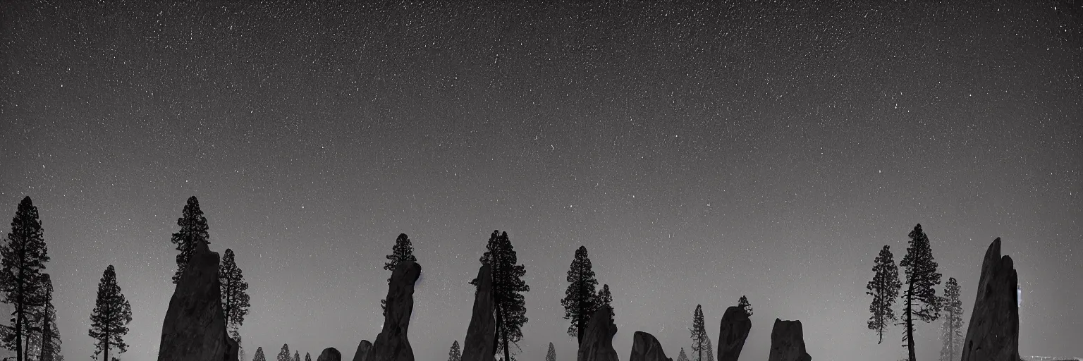 Image similar to to fathom hell or soar angelic, just take a pinch of psychedelic, medium format photograph of two colossal minimalistic necktie sculpture installations by antony gormley and anthony caro in yosemite national park, made from iron, marble, and limestone, granite peaks visible in the background, taken in the night