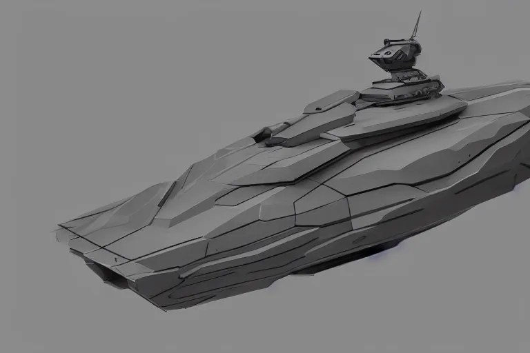 Prompt: concept art of a futuristic military boat, in gunmetal grey, extremely symmetrical, blueprint schematics, top down view, bottom view, side view, mecha inspired, gun turret, robotic, highly detailed, artstation, pinterest, super realistic, hard surface model, autodesk maya, octane render