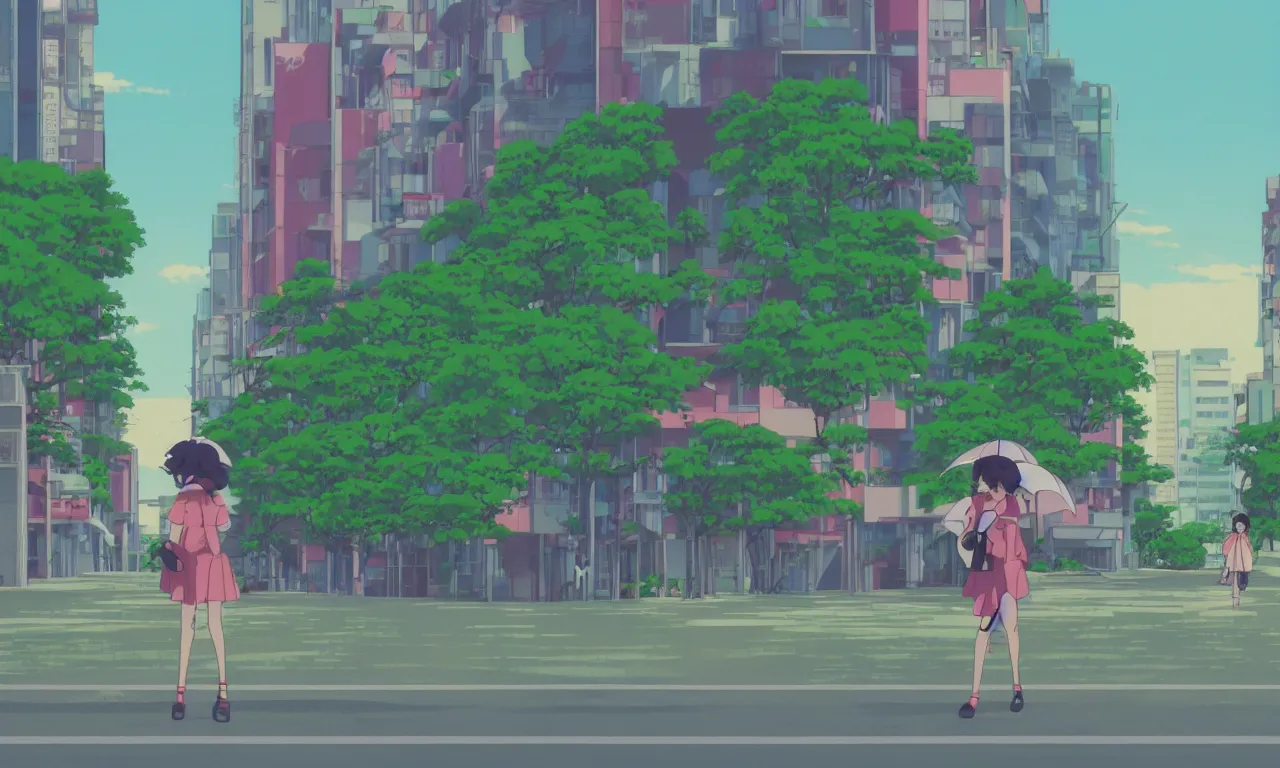 Image similar to A cute aesthetic still frame from an 80's or 90's anime, minimal street in Japan with lush plants, sun set, tall buildings, girl walking with umbrella