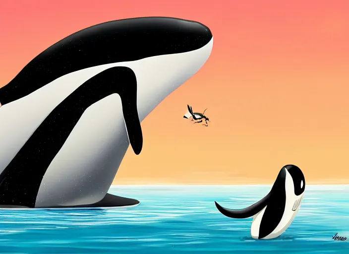 Image similar to an ant riding an orca, hd, digital art