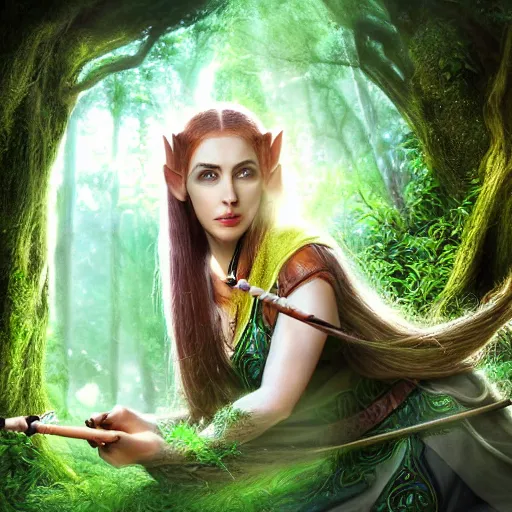 Image similar to a beautiful female half - elf druid playing the flute in a dreamy forest, 4 k, concept art