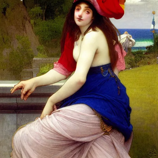 Image similar to A girl with jester hat and clothes on the front of a Balustrade with a beach on the background, major arcana clothes, by paul delaroche, alphonse mucha and arnold böcklin arnold böcklin hyperrealistic 8k, very detailed