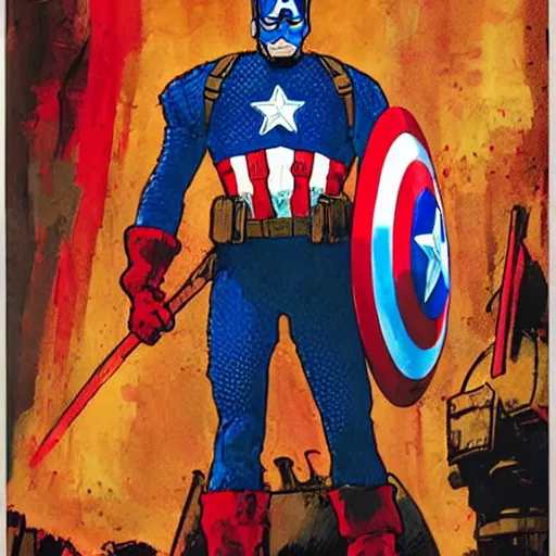 Image similar to captain America in medieval knights battle armor, by Ashley Wood, Yoji Shinkawa, Jamie Hewlett, 60's French movie poster, French Impressionism, vivid colors, palette knife and brush strokes, Dutch tilt