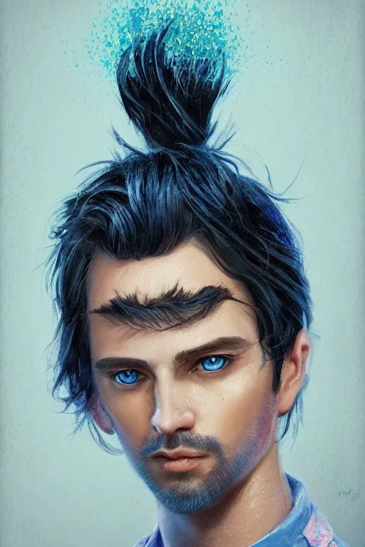 Image similar to portrait of a handsome man with black hair with sparkling blue eyes, art by Tomasz Ryger, Pablo Dobarro and Max Kostin, stylized, detailed, pastel colors, warm tones, Trending on artstation, artstationHD, artstationHQ, 4k, 8k