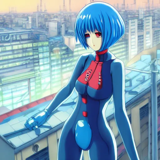 Image similar to anime art, anime fullbody shot of female rei ayanami, long blue hair and large eyes, finely detailed perfect face, in a modern skintight plugsuit, laying on a rooftop, flooded metropolis in ruins, red sea, trending on pixiv fanbox, evangelion, extremely high quality artwork by ilya kuvshinov