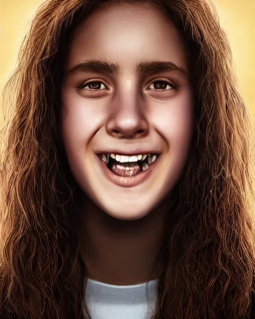 Image similar to close up portrait of 1 5 - year - old girl, smile with large front teeth, hermione granger, very bushy brown hair, and very bright brown eyes, wearing white shirt, hyper realistic face, beautiful eyes, character art, art by mark brooks, hyperdetailed, cryengine, trending on artstation, digital art