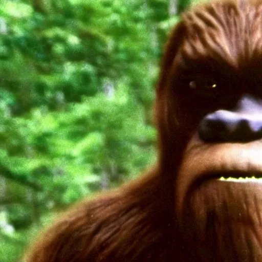 Prompt: a screen capture of found footage video of bigfoot, left behind by a missing hiker in 1 9 8 6