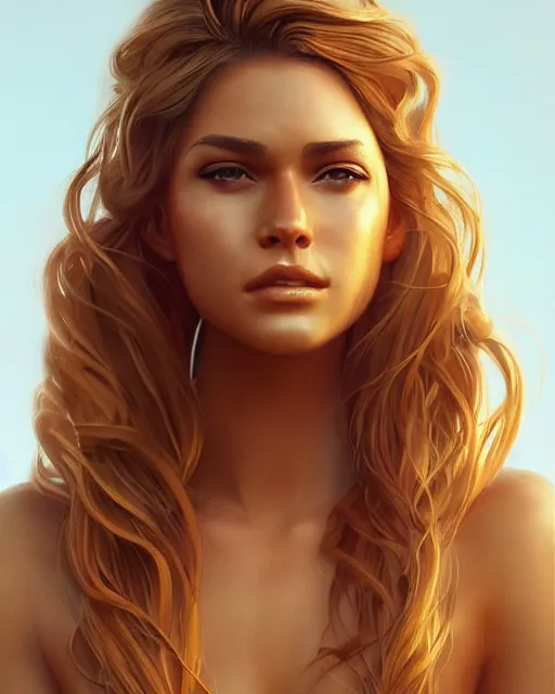 Prompt: summer vibes, beautiful sun tanned woman portrait, flowy golden hair, sun, summer, cinematic lighting, highly detailed, digital painting, trending on artstation, pixiv, concept art, sharp focus, illustration, art by ross tran and wlop