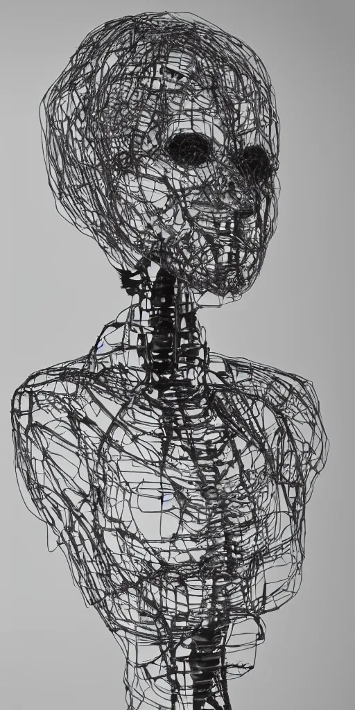 Image similar to black and white dreamy foggy smoky profile face portrait, single skeletal biomechanical beautiful young female cyclops - cyborg - robot bust, body ribs meshes,, volumetric light, rim light, by dora maar and cecile beaton, big gothic fashion pearl embroidered collar, 8 k