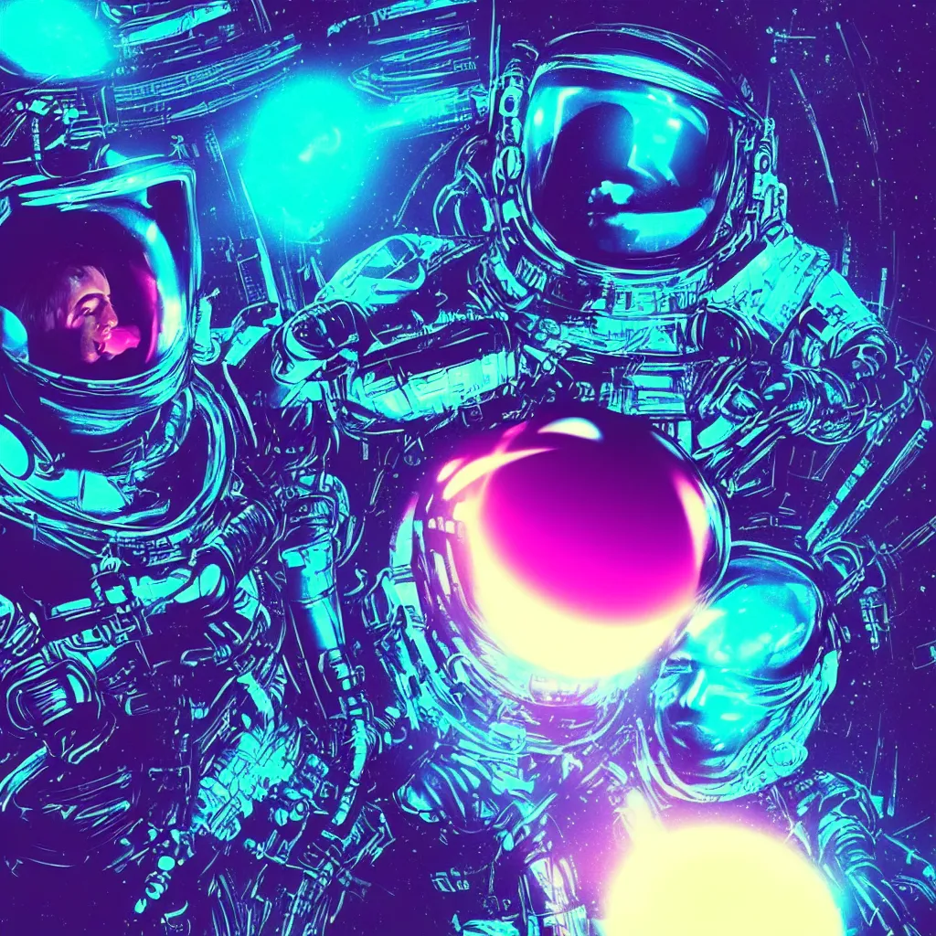 Prompt: astronaut sucked into blackhole, alien synthwave, glitchy, reflective, holographic, neon, trending on artstation