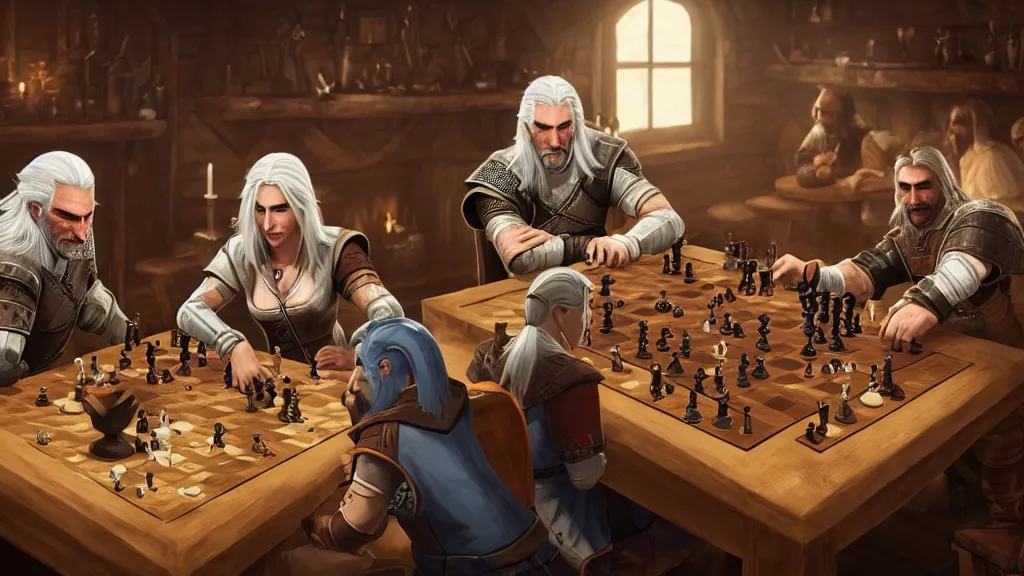 Prompt: Geralt of Rivia and Ciri playing chess in a tavern. geralt de rivia and ciri play at a table in the middle of the tavern, pixel art by Gerardo Quiroz, devian art, 4k