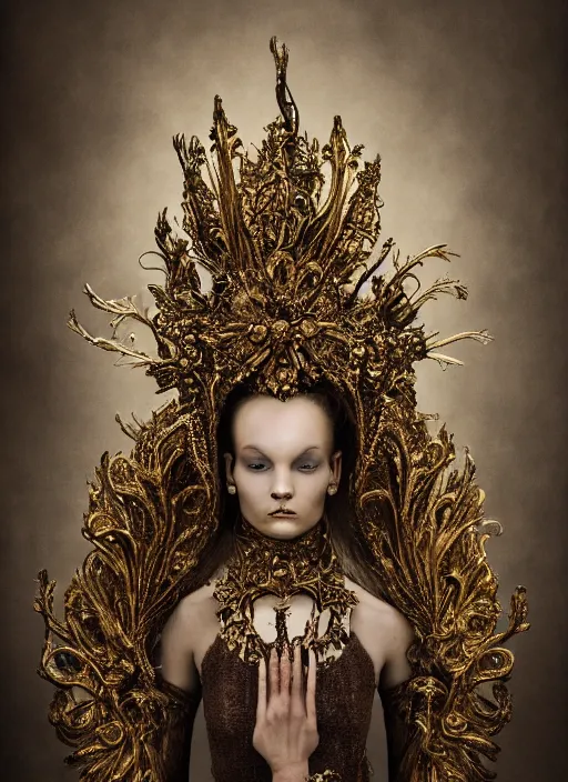 Image similar to a portrait of female by stefan geselle and nekro borja, photorealistic, intricate details, hyper realistic, fantasy, elegant, baroque gold headpiece, photorealistic, canon r 3, photography, wide shot, symmetrical features, symmetrical pose, wide angle shot, head to toe, standing pose, feet on the ground, wearable art