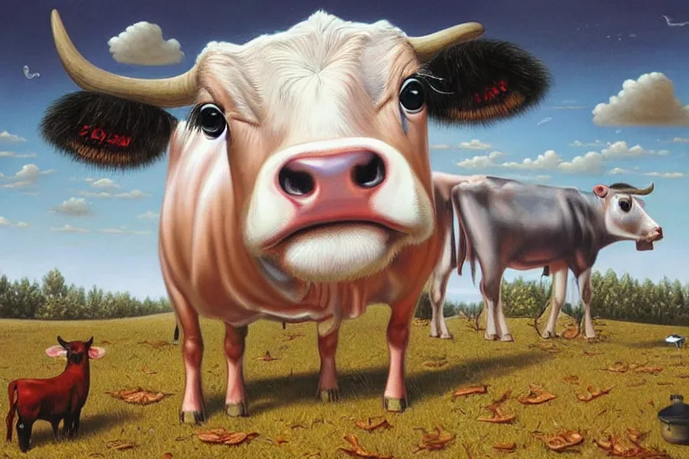 Image similar to 'Wherever you go, a cow is always watching you', by Mark Ryden