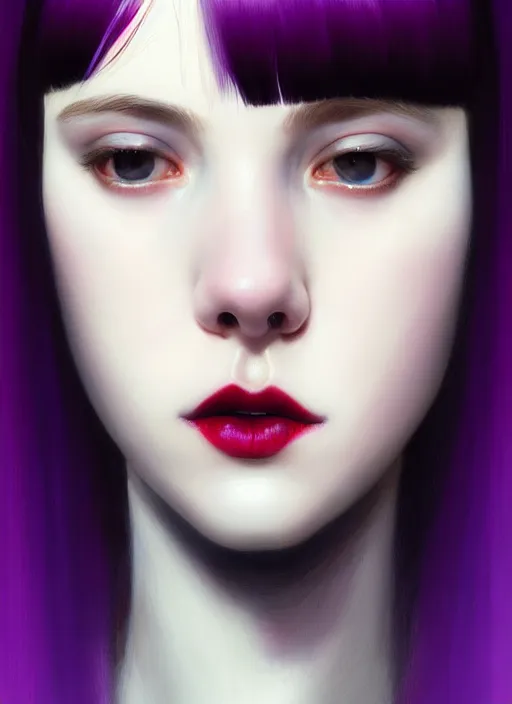 Image similar to portrait of pale teenage girl, red irises, black hair, white bangs, purple lipstick, white bangs, bangs, black hair and white bangs, intricate, elegant, glowing lights, highly detailed, digital painting, artstation, concept art, smooth, sharp focus, illustration, art by wlop, mars ravelo and greg rutkowski