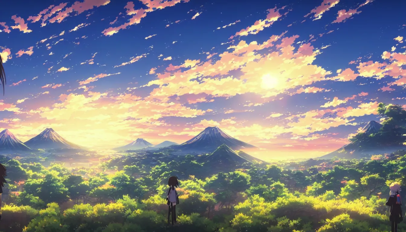 Image similar to an anime landscape!! view of japan in the sunset by makoto shinkai from your name, masterpiece, the comet is striking the sky