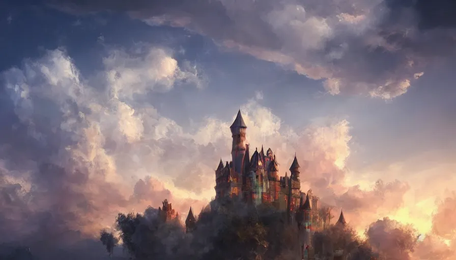 Prompt: a castle made of glass floats on puffy clouds in the evening sky, dawn, magical lighting, artstation, rendering, concept art