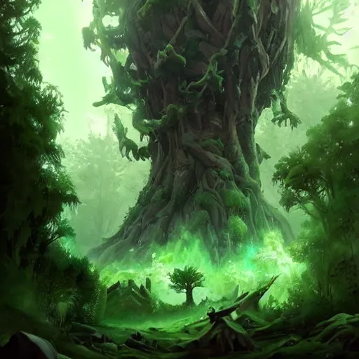 Image similar to green tree giant ents, tree giant, epic fantasy style, in the style of Greg Rutkowski, hearthstone artwork