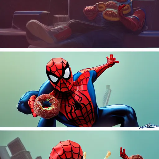 Image similar to spider - man eating donuts and seating on the raccoon, concept art, trending on artstation, highly detailed, intricate, sharp focus, digital art, 8 k