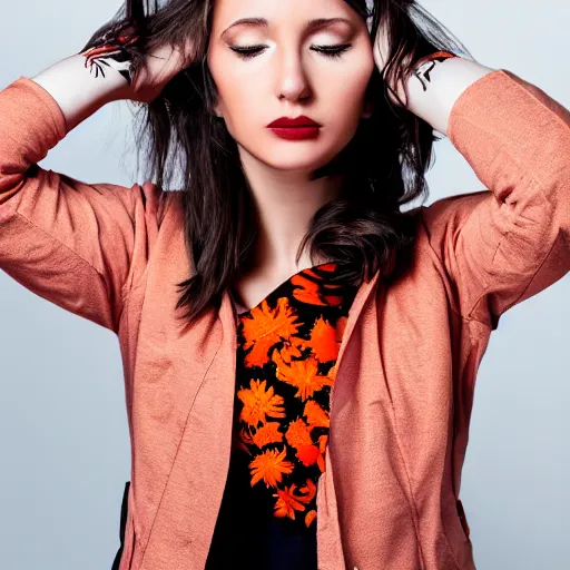 Image similar to portrait of a woman with flower tatoos, brown hair tied, red jacket and orange background, studio lighting