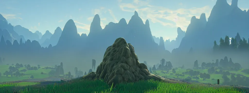 Image similar to matte painting of a magnificent ethereal valley by Zelda breath of the wild, 8k, soft volumetric fog, displacement mapped, unreal engine 5