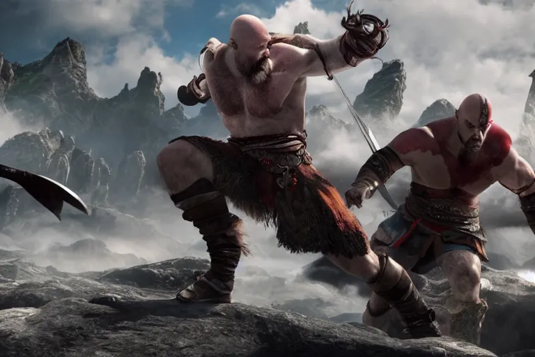 Prompt: Kratos fighting People in Asgard, wide angle shot, cinematic, depth of field
