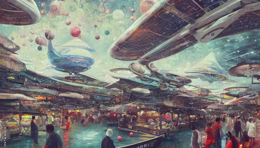 Image similar to floating wet japanese market with vendors on a luxurious road on interstellar solar system with nearby planets seen from the distance, advanced highway, star trek style, by peter mohrbacher, jeremy mann, francoise nielly, android james, ross tran, beautiful, award winning scenery, 8 k quality, clean details, serene, sakura season