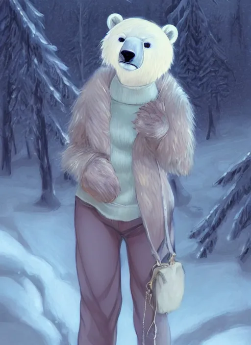 Image similar to award winning beautiful portrait commission art of a female furry anthro polar bear fursona with a cute beautiful attractive detailed feminine furry face wearing a cute stylish winter sweater and pants at a comfy winter cabin at dusk by firelight. Character design by charlie bowater, ross tran, artgerm, and makoto shinkai, detailed, inked, western comic book art