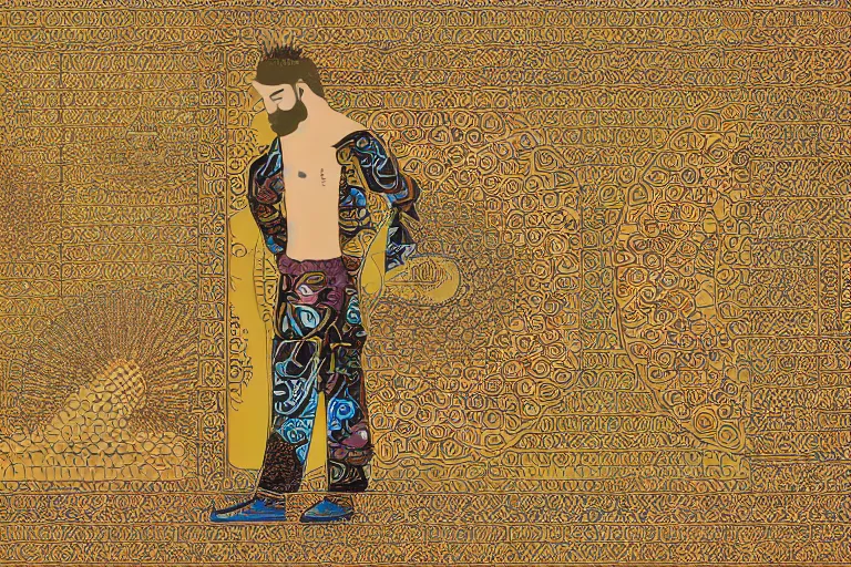 Prompt: man standing inside his own dreams by lina iris viktor, japanese golden decorations, 2 d flat digital illustration, opulent mosaics 4 k