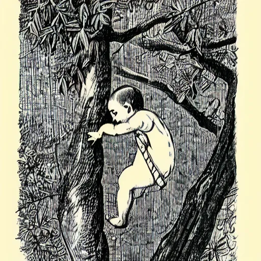 Image similar to baby crawling up a tree with a big grin on its face, in the style of vintage antique illustration and line drawing or engraving