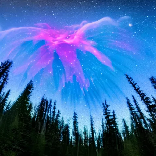 Image similar to abstract crystal sculpture of a nebula hovering above a clear blue lake in a clearing in the middle of an evergreen forest at dawn