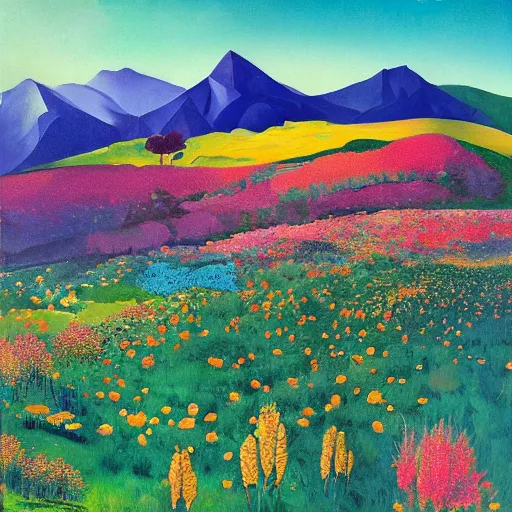 Image similar to mountain landscape in spring, flowers, teal landscape, dreamy light, sunny complementary palette, by and jacek yerga and tamara de lempicka and jesse king, pop surrealist, wiccan