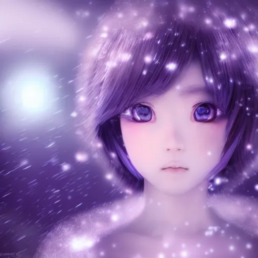 Image similar to photorealistic full shot of masterpiece anime girl, beautifull lovely eyes, posing, electric aura with particles, snowing frozen ice, darkness background, inspired by masami kurumada, akira toriyama, detailed, unreal engine 4 k, volumetric light, fog