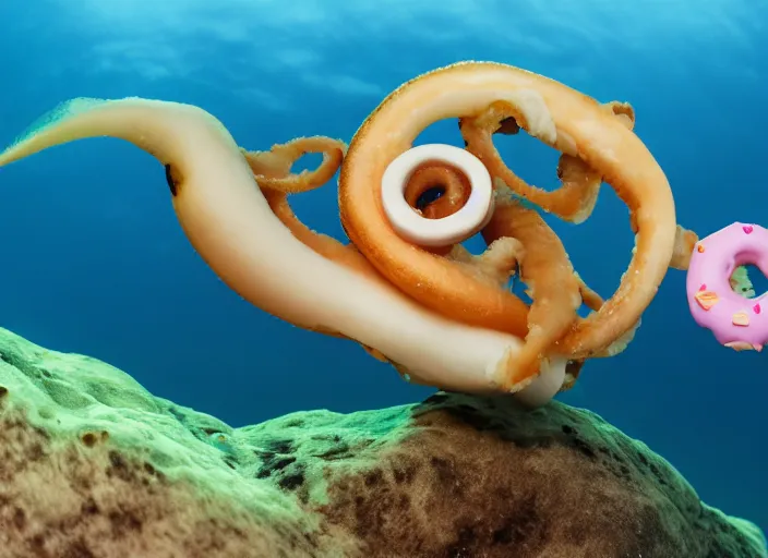 Image similar to underwater photo still of a squid with a donut on its head, 4 k, 8 5 mm, f 1 6