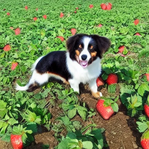 Prompt: a mini australian shepard wearing rubber boots while picking strawberries