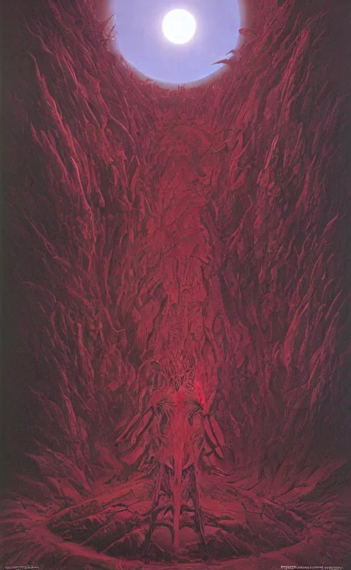 Prompt: meditation on the background of a huge crimson moon, by wayne barlowe