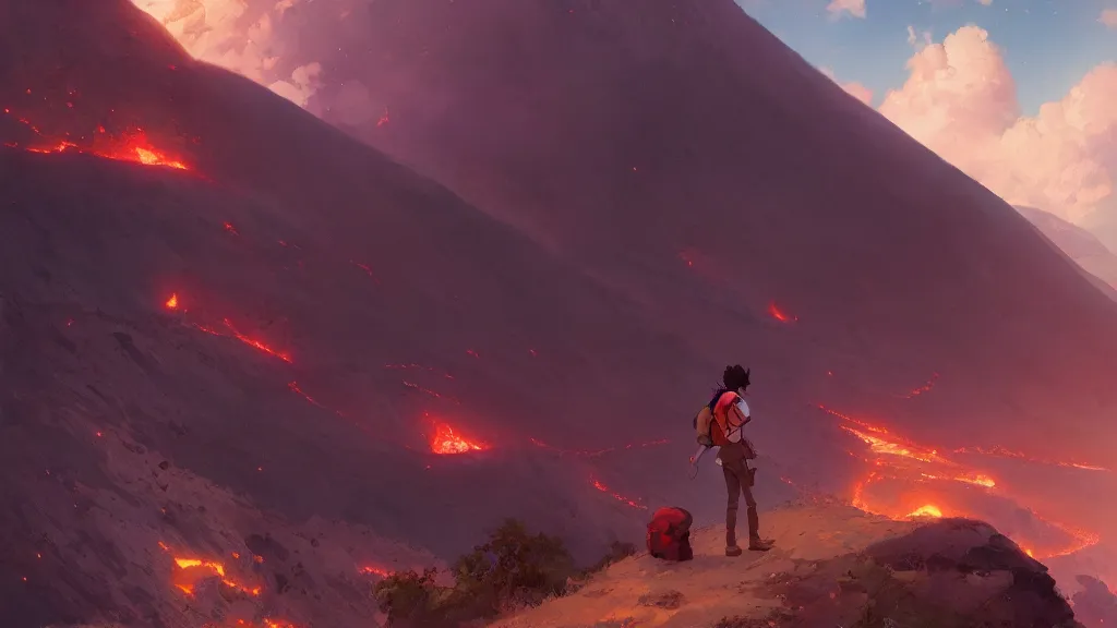 Prompt: a boy with a backpack, beautiful volcanic landscape, by makoto shinkai, greg rutkowski, artstation, high detailed, cgsociety,