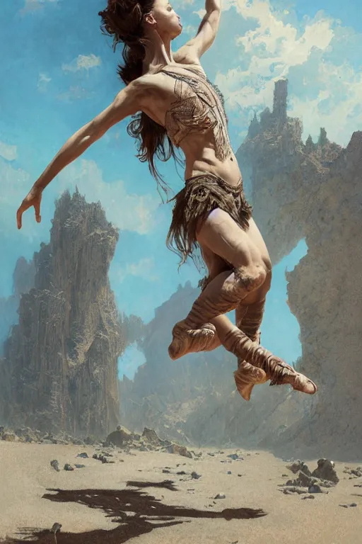 Image similar to a full body portrait of a beautiful post apocalyptic offworld desert gymnast leaping in ballet dance pose by the emerald oasis pools, intricate, elegant, highly detailed, digital painting, artstation, concept art, smooth, sharp focus, illustration, art by krenz cushart and artem demura and alphonse mucha