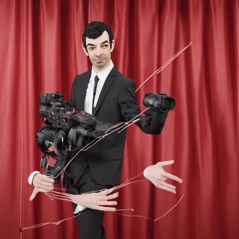 Image similar to dslr photograph of nathan fielder from nathan for you on comedy central behind a puppet stage with a red curtain as multiple marionette puppets controlled by hands holding the strings, high detail!!! 8 k photorealism sharp focus volumetric lighting, coherent!!! art directed, rule of thirds