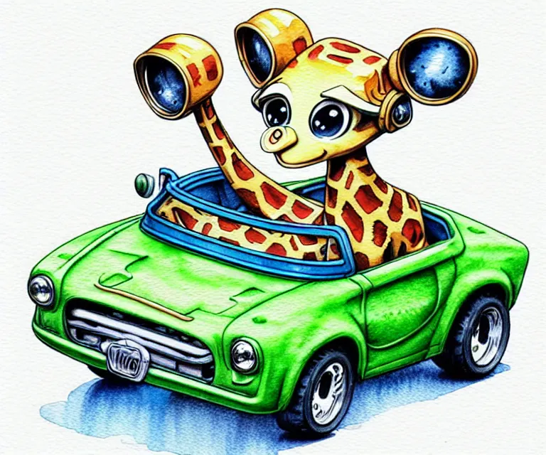 Prompt: cute and funny, baby giraffe wearing a helmet riding in a tiny hot rod with oversized engine, ratfink style by ed roth, centered award winning watercolor pen illustration, isometric illustration by chihiro iwasaki, edited by range murata, tiny details by artgerm and watercolor girl, symmetrically isometrically centered